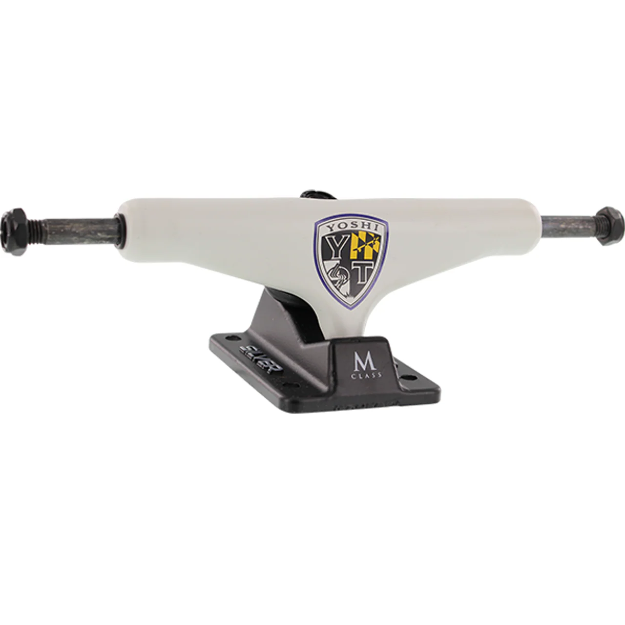 Silver Yoshi M-Hollow Skateboard Trucks 8.5″ - Off White/Black (Set of 2)